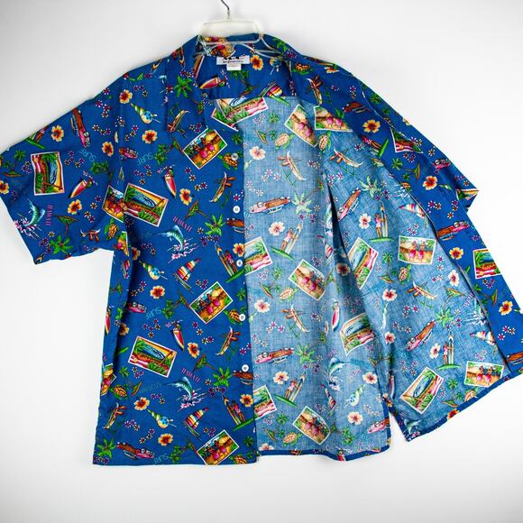 Tiki Hawaiian Shirt – VTG Novelty Surf Postcard Cars | USA Camp Collar Men's XL - Picture 6 of 9